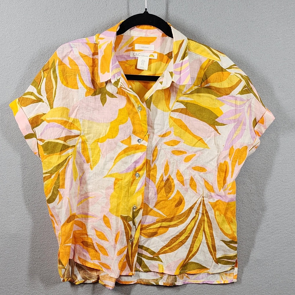 C&C CALIFORNIA Women's M 100% Linen Tropical Floral Modernl Short Sleeve Shirt